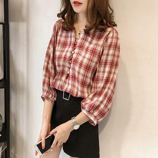 3/4-sleeve Plaid Blouse / Long-sleeve Dog Print T-shirt