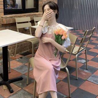 Puff-sleeve Collar Blouse / Midi Sheath Overall Dress