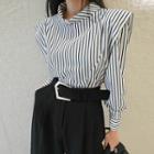 Stand-collar Ruffle-trim Striped Blouse Black - One Size