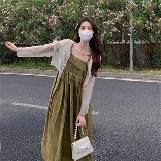 Spaghetti-strap Plain Midi A-line Dress / Cropped Cardigan