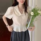 Short-sleeve Faux Pearl Frill Trim Blouse