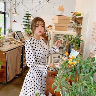 Slit-hem Smocked Dotted Long Dress