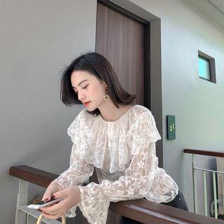Long-sleeve Lace Wide Collar Buttoned Top