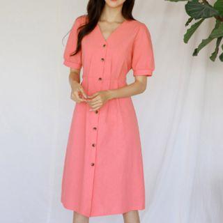 Collarless Linen Blend Midi Shirtdress