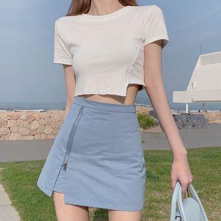 Short-sleeve Asymmetrical Cropped T-shirt / Mini A-line Skirt