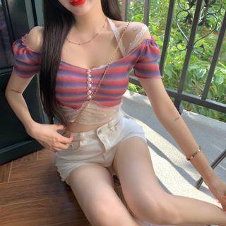 Off-shoulder Pearl Accent Rainbow Striped Crop Top / Lace Halter Crop Top