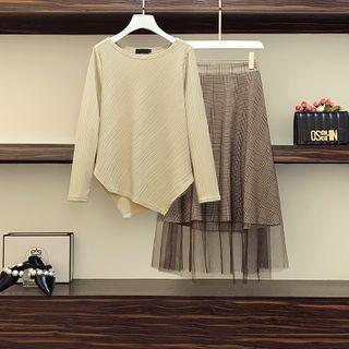 Set: Asymmetric Top + Mesh Overlay A-line Plaid Skirt