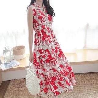 Open-placket Sleeveless Floral Print Dress With Sash