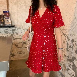 Short-sleeve Heart Print A-line Dress Red - One Size