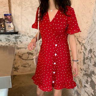 Short-sleeve Heart Print A-line Dress Red - One Size
