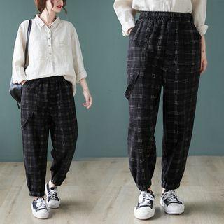 Plaid Band-waist Harem Pants