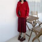 Oversize Collared Sweater / Plaid Midi Straight-fit Skirt