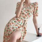 Short-sleeve Fruit Print Midi Wrap Dress