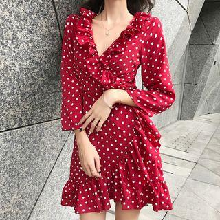 Dotted Ruffle Trim 3/4-sleeve A-line Dress