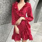 Dotted Ruffle Trim 3/4-sleeve A-line Dress