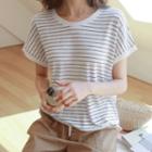 Cap-sleeve Striped Linen Blend T-shirt