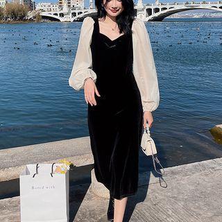 Long-sleeve Two-tone Panel Velvet Midi Sheath Dress