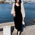 Long-sleeve Two-tone Panel Velvet Midi Sheath Dress