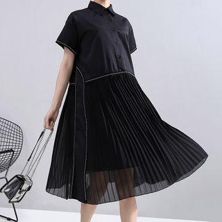 Short-sleeve Rhinestone Paneled Midi Shirtdress