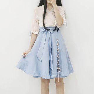 Puff-sleeve Lace Panel A-line Dress / Camisole / Set