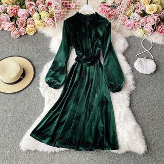 Lapel Velvet Puff Long-sleeve Dress