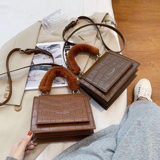 Fluffy Trim Croc Grain Crossbody Bag