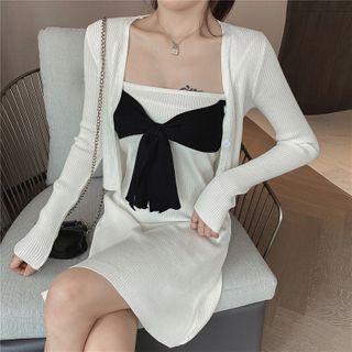 Set: Ribbon Spaghetti-strap Mini A-line Dress + Cardigan