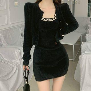 Plain Cropped Cardigan / Rib Knit Dress