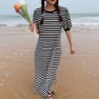 Striped Short-sleeve Midi A-line Dress Stripes - Black & White - One Size