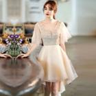 Short-sleeve Tweed Panel A-line Cocktail Dress