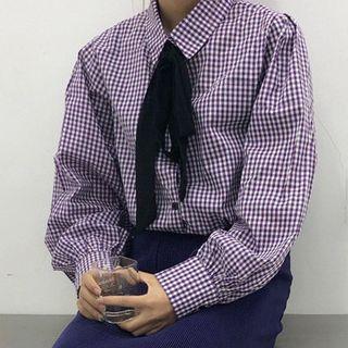 Plaid Balloon-sleeve Tie-neck Shirt