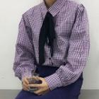 Plaid Balloon-sleeve Tie-neck Shirt