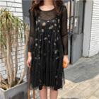 Set: Mesh Long Sleeve Top + Floral Print Spaghetti Strap Mesh Overlay Dress