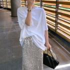 Short-sleeve T-shirt / Sequined Midi A-line Skirt / Set