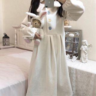 Puff-sleeve Fleece Midi Dress White - One Size