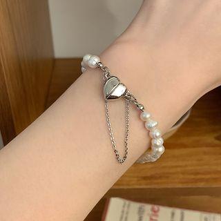 Heart Freshwater Pearl Alloy Bracelet 1pc - White & Silver - One Size