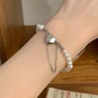 Heart Freshwater Pearl Alloy Bracelet 1pc - White & Silver - One Size