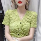 Short-sleeve Buttoned V-neck Top