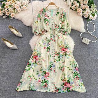 V-neck Floral Print A-line Maxi Dress