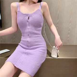 Spaghetti-strap Mini Sheath Knit Dress Purple - One Size
