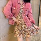 Denim Jacket / Balloon-sleeve Floral Print Mini A-line Dress
