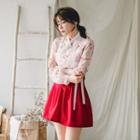 Set: Hanbok Top (floral / Pink) + Skirt (mini / Red)