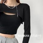 Set: Cropped Camisole + Long-sleeve Knit Cape Top