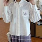 Collared Pocket-front Lace-trim Long-sleeve Shirt