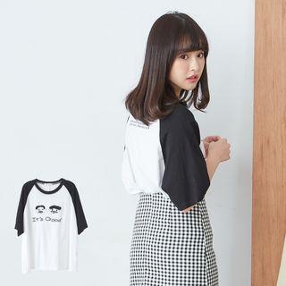 Elbow-sleeve Raglan Embroidered T-shirt Black & White - One Size