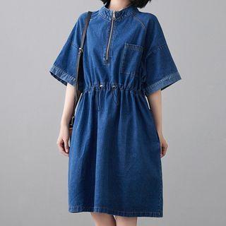 Elbow-sleeve Drawstring Denim Smock Dress