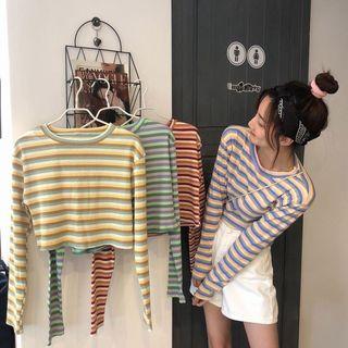 Striped Long-sleeve Slim-fit Cropped Top