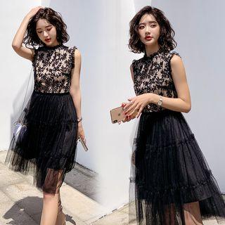 Sleeveless Lace Panel Midi A-line Mesh Dress