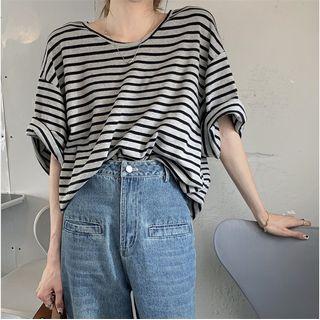 3/4-sleeve Striped T-shirt Striped - Black & Gray - One Size