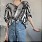 3/4-sleeve Striped T-shirt Striped - Black & Gray - One Size